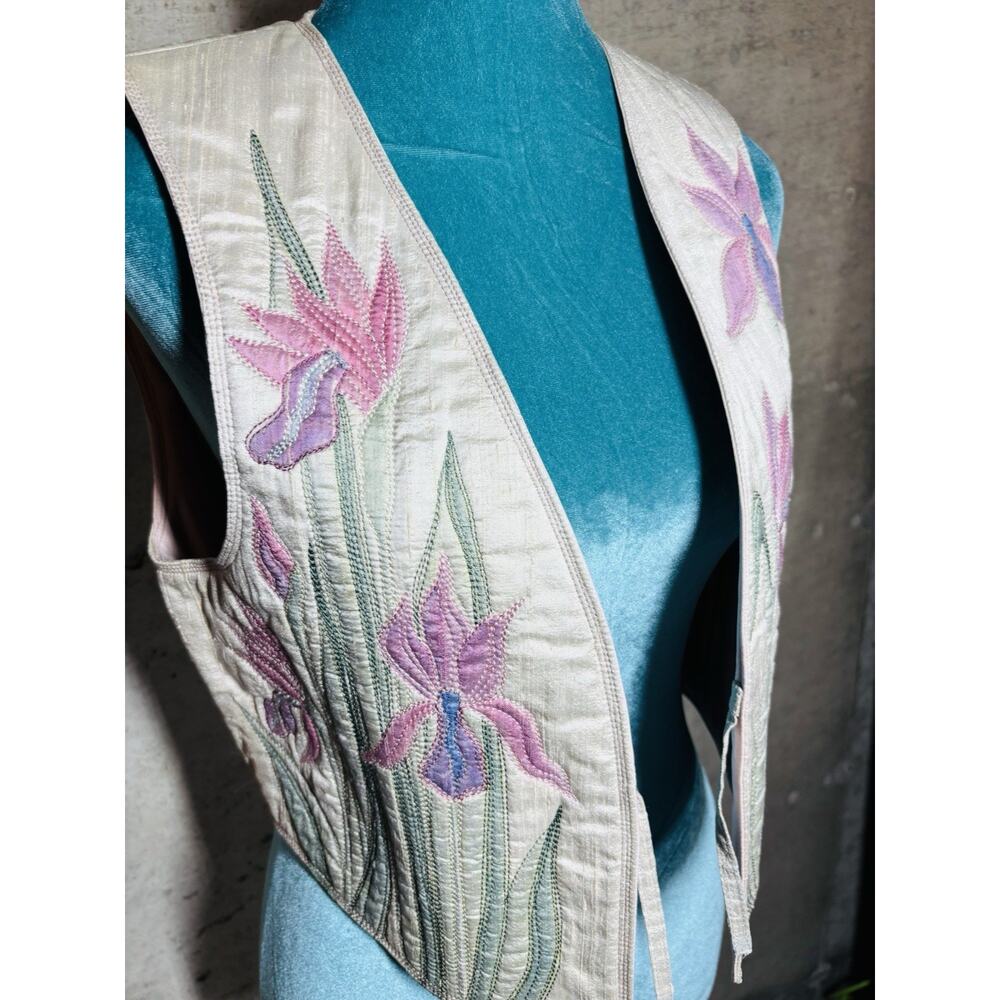 VTG 1982 Sandra Ward Signed Pogonia Orchid Quilted Art Magic Vest Festival Boho